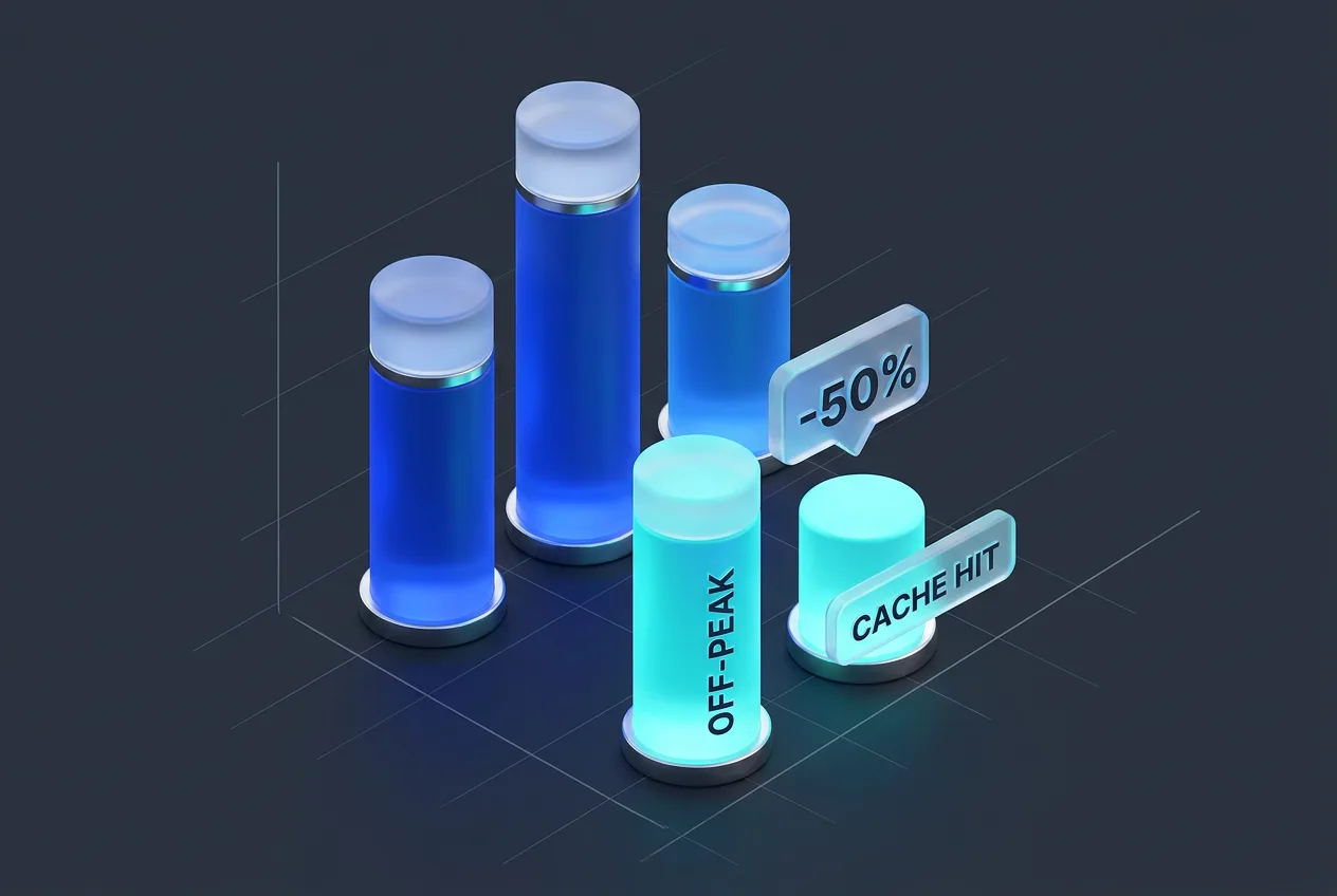 3D infographic chart comparing DeepSeek API token pricing tiers, off-peak rates, and cache discounts