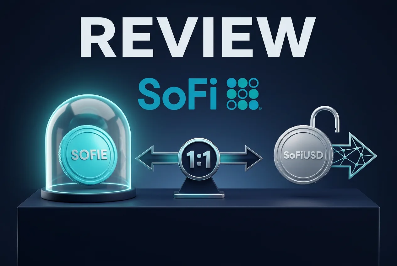 3D infographic showing 1:1 conversion between SOFIE tokenized deposit and SoFiUSD stablecoin.
