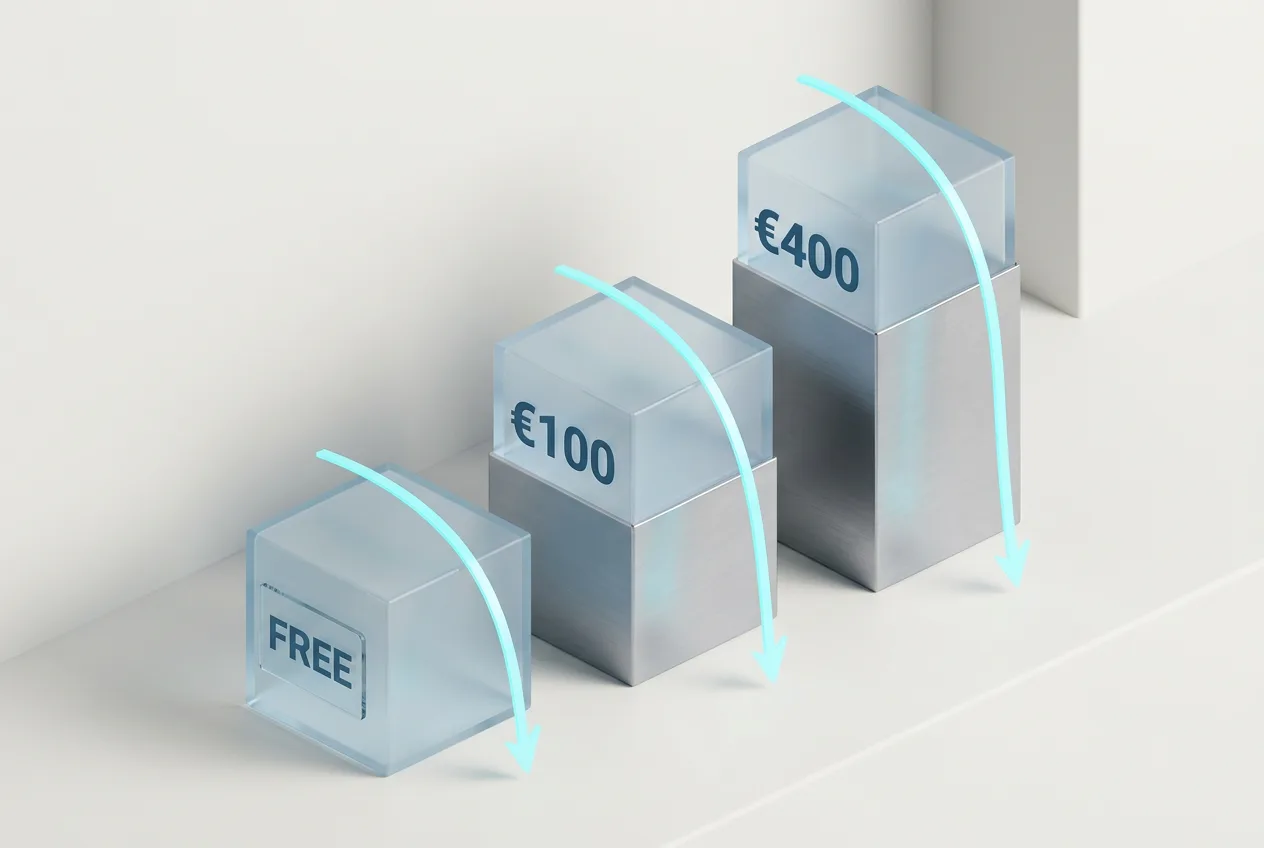 3D infographic showing CloudKnife pricing tiers from Free to 400 euros for Azure teams.