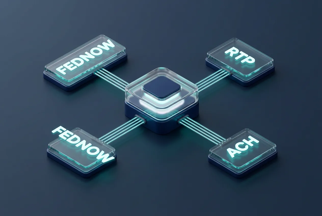 3D isometric infographic of intelligent payment routing branching into FedNow, RTP, and ACH rails.