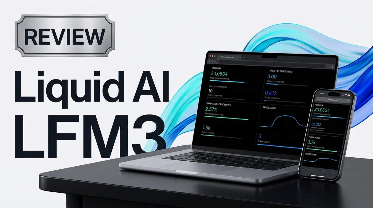 Liquid AI LFM3 editorial review cover featuring modern tech devices on an obsidian desk with cyan fluid dynamics.