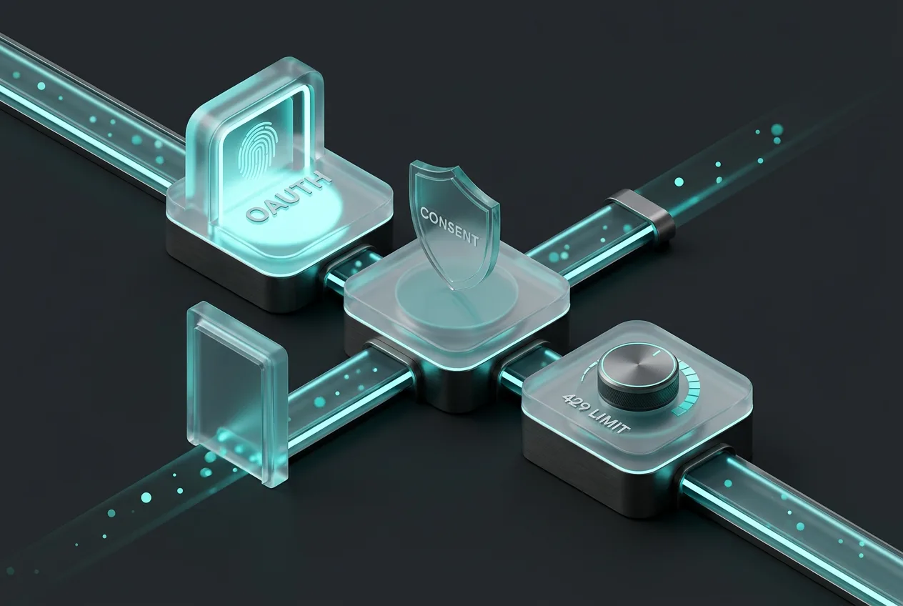 3D isometric infographic showing GoDaddy API security pipeline with OAuth authentication and human consent checkpoints.