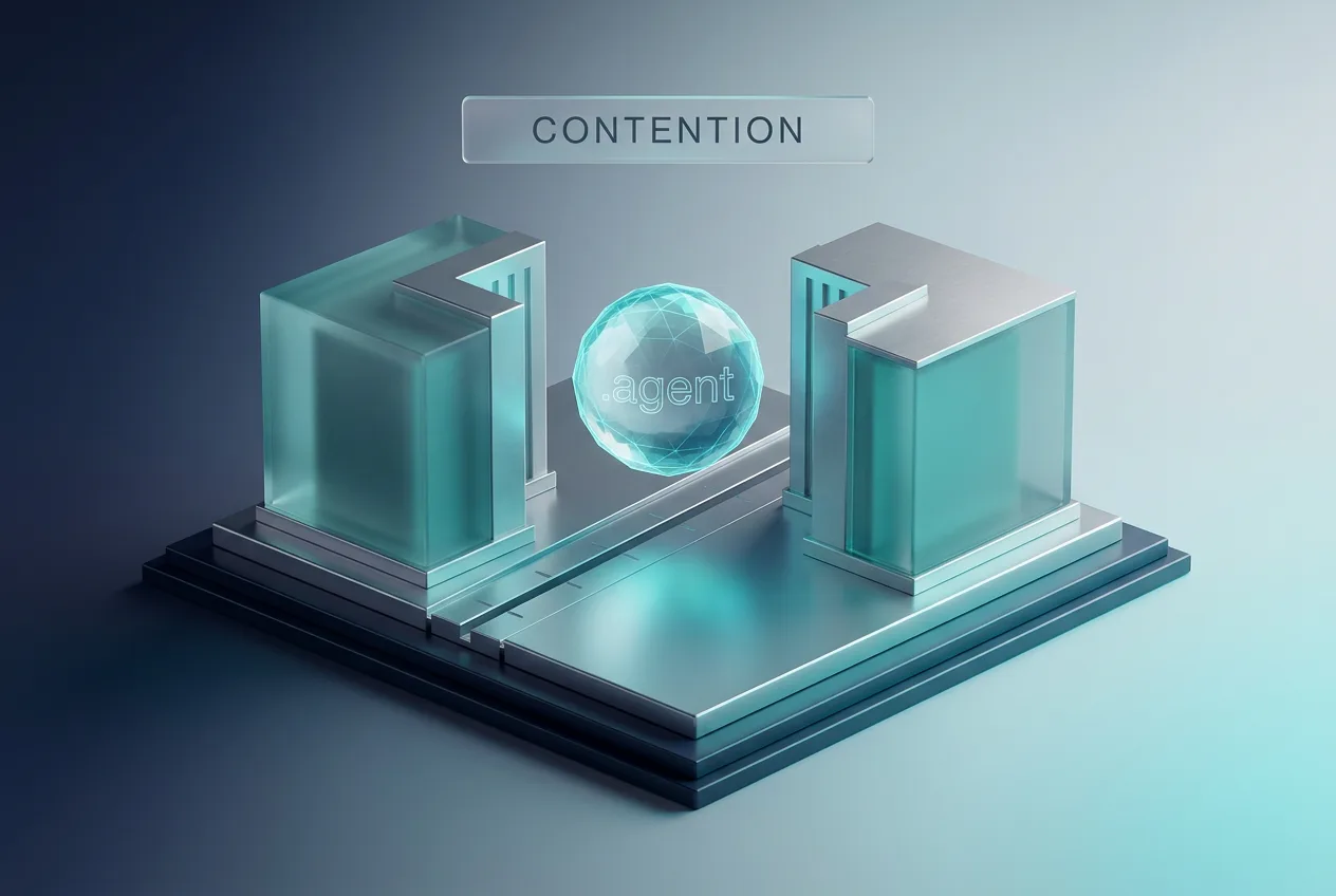 Conceptual 3D infographic depicting domain contention over the dot agent gTLD string.