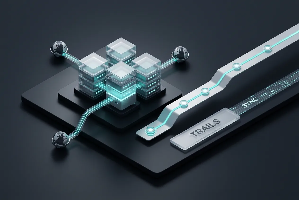 Isometric 3D infographic of Entire's distributed Git network and Trails review system workflow.