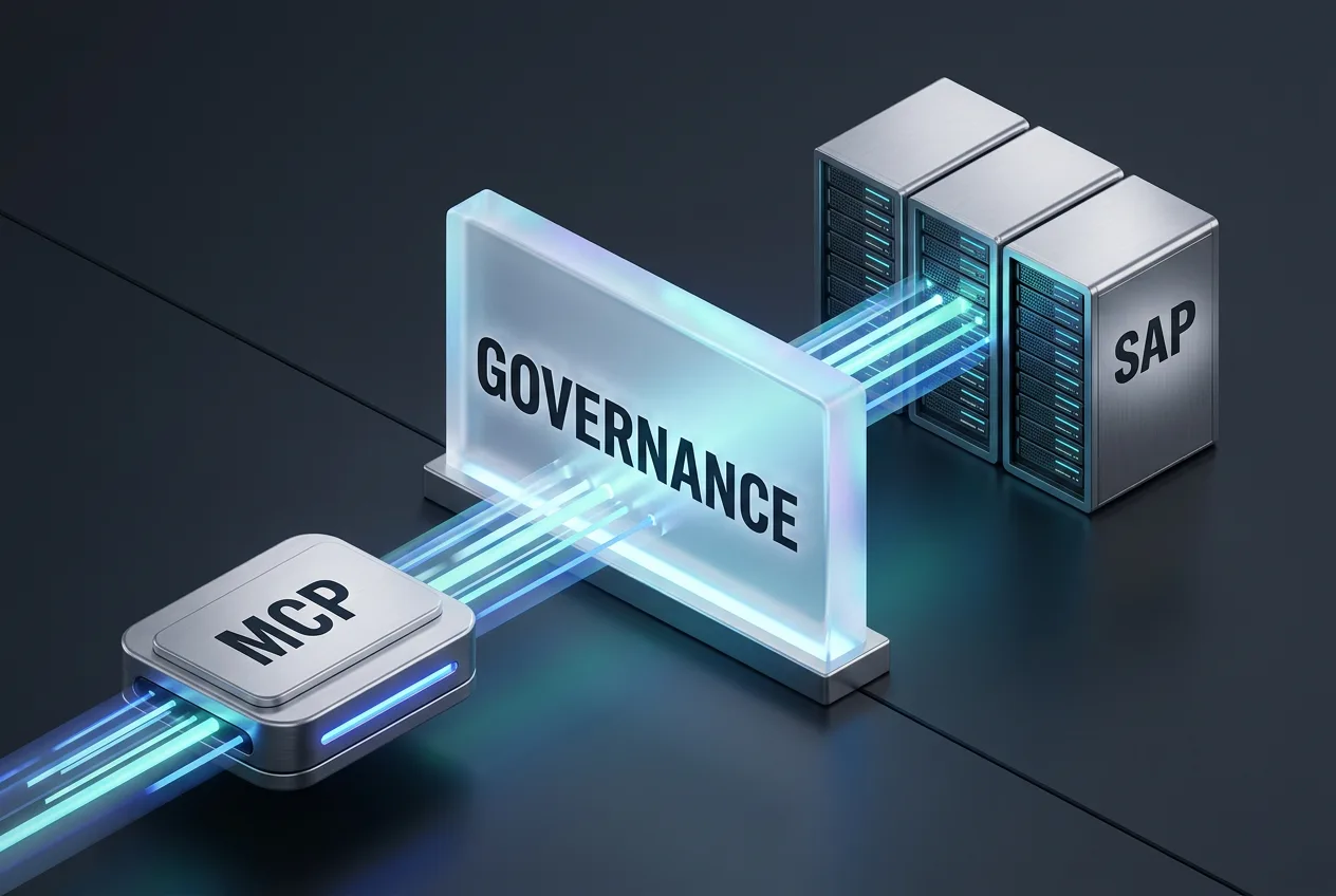 Isometric 3D diagram of Precisely Automate MCP governance gateway bridging AI and SAP systems