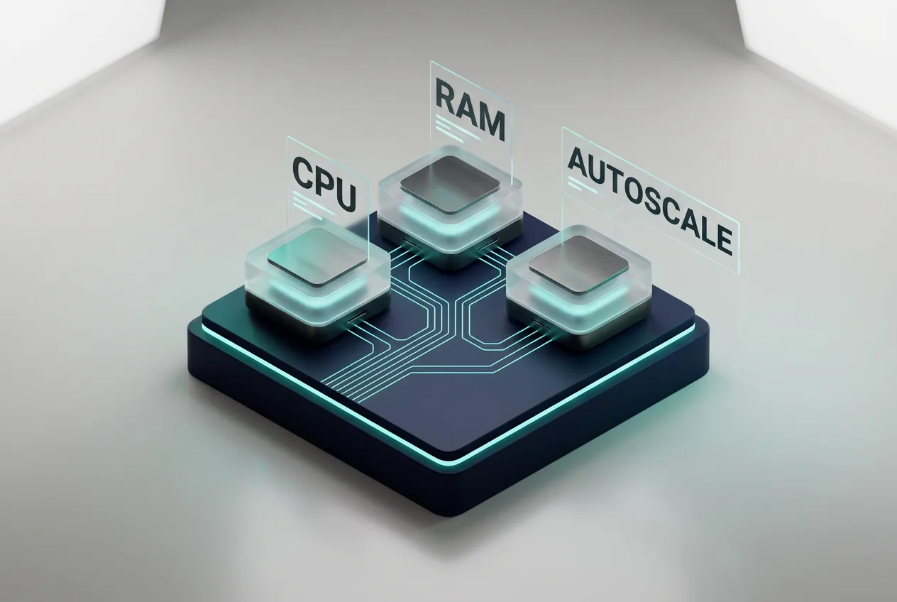 Isometric 3D infographic showing Synteq Cloud resource tiers for CPU, RAM, and autoscaling.
