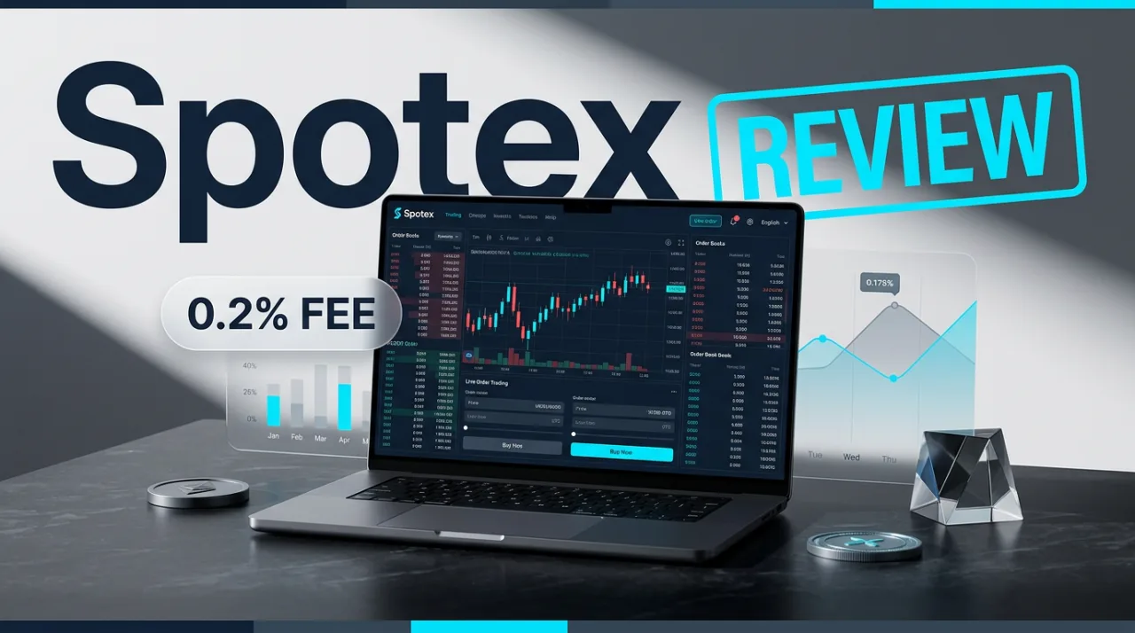 Spotex cryptocurrency exchange platform review featuring laptop trading interface and fee infographics.