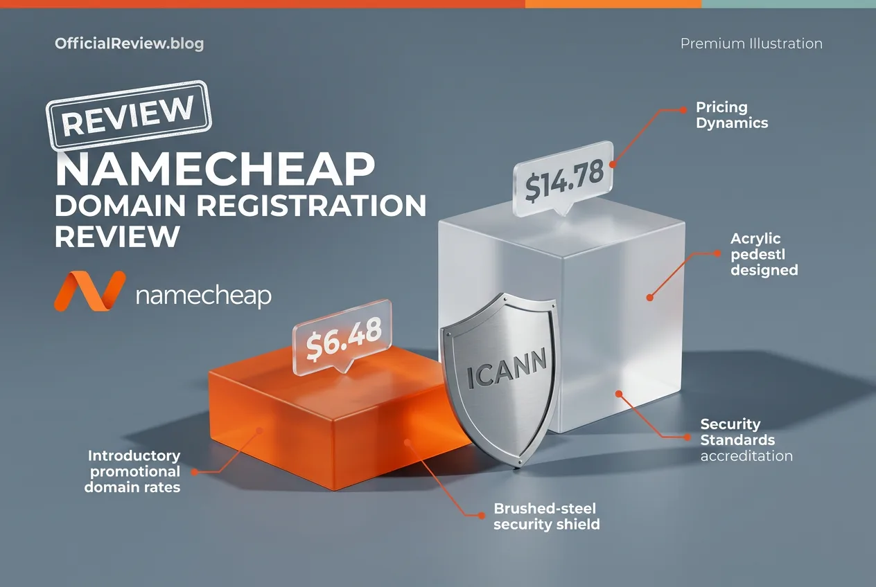 3D editorial graphic showing Namecheap promotional domain pricing compared to renewal costs with ICANN shield