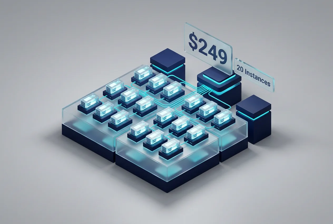 3D infographic illustrating N2W backup pricing at $249 per month for 20 server instances.