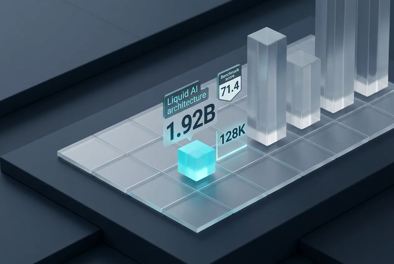 3D infographic comparison of LFM3-VL benchmark score and 1.92B parameter efficiency.