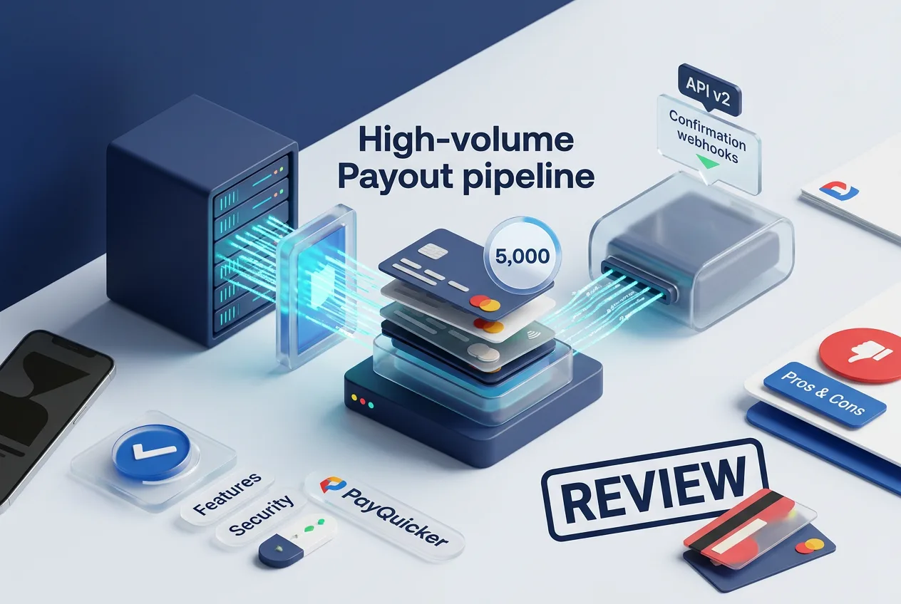 3D isometric infographic showing PayQuicker API v2 batch processing pipeline and webhook flow.