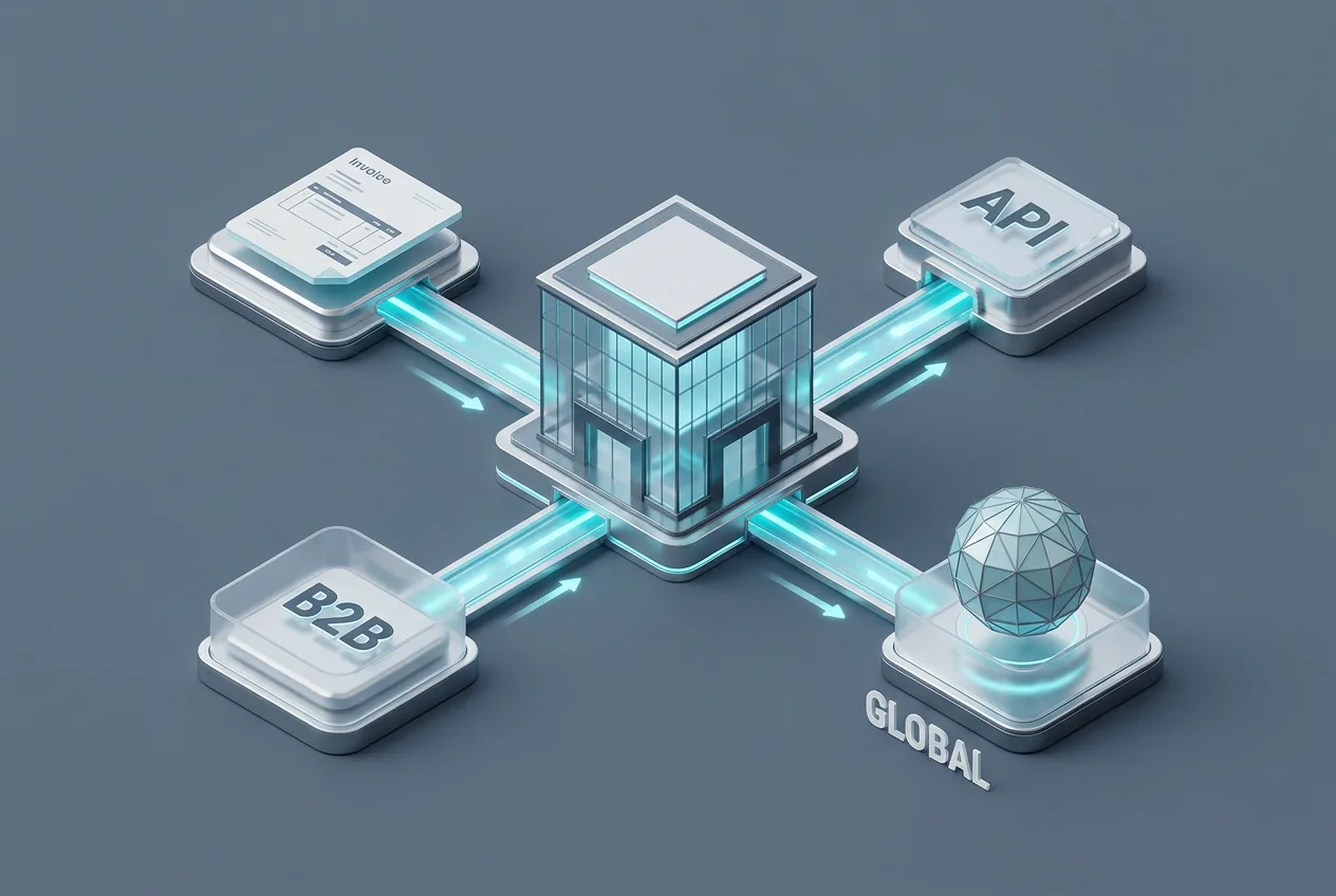 Isometric 3D diagram of PayMitto Business embedded international payment flow and API architecture.